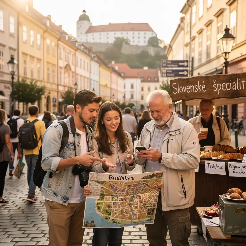 A scenic landscape showcasing the High Tatras mountains with hikers on a trail during a sunny day.
